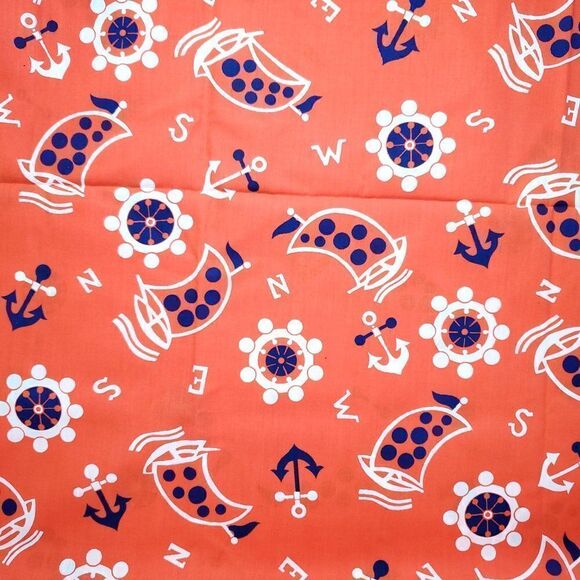 Vintage Nautical Sailing Boat Anchor Fabric Wheel Helm Dots Orange Blue 56"X45" - Picture 1 of 5